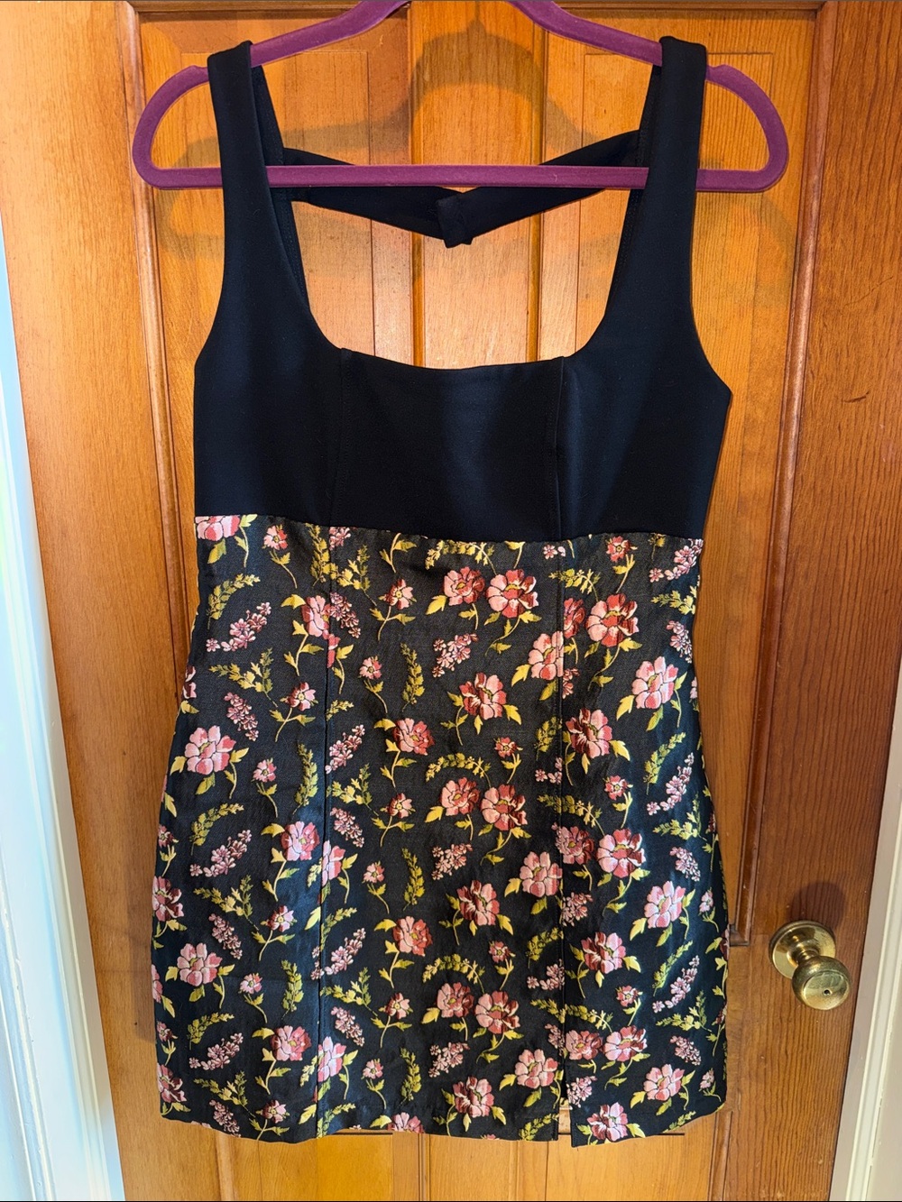 Maeve Black Bodice Floral Mini Dress with Pink Blossoms